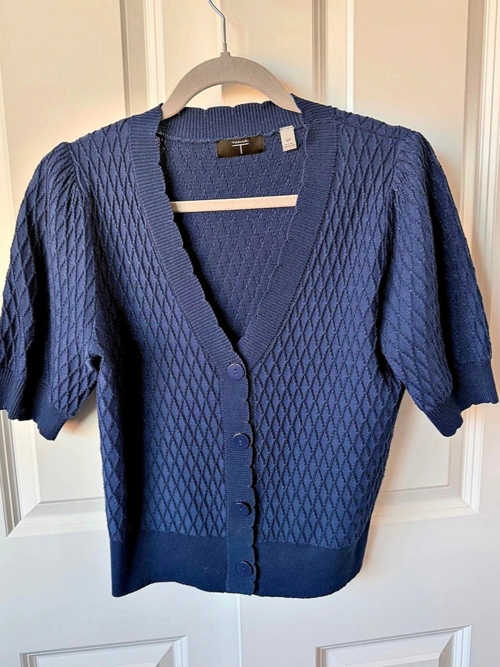 Tahari Navy Textured Short Sleeve Button Cardigan Sweater Small